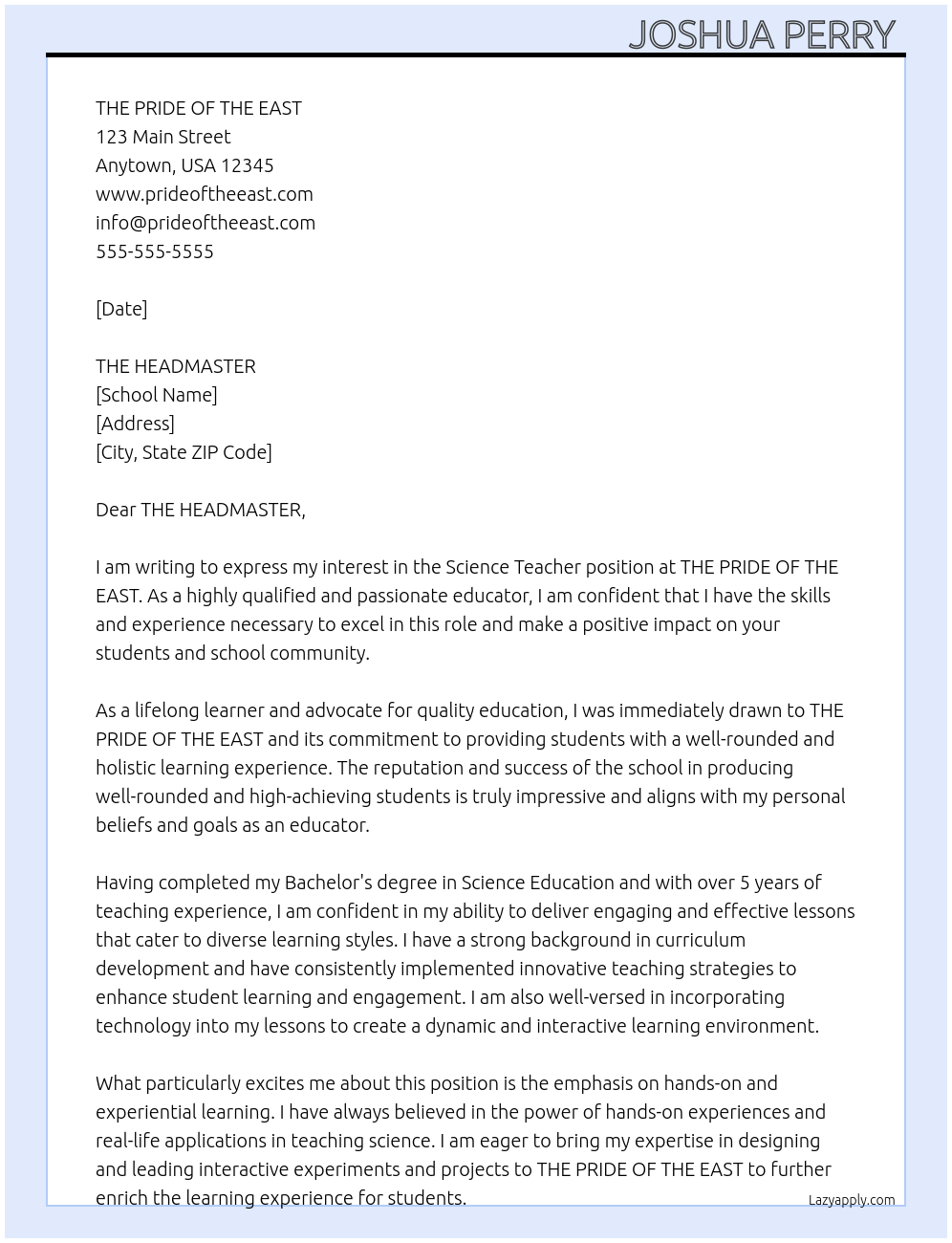  Science Teacher  At THE PRIDE OF THE EAST  Cover Letter