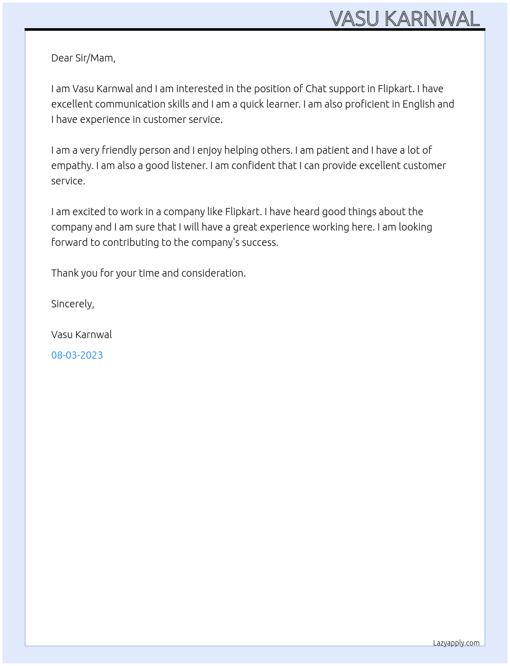 Chat support At Flipkart Cover Letter