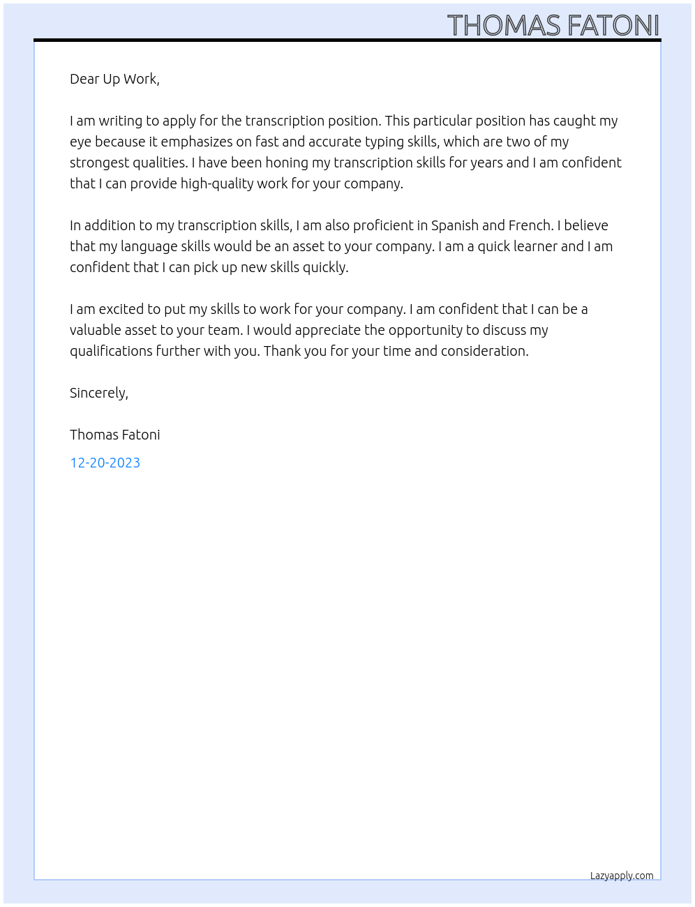 transcription At up work Cover Letter