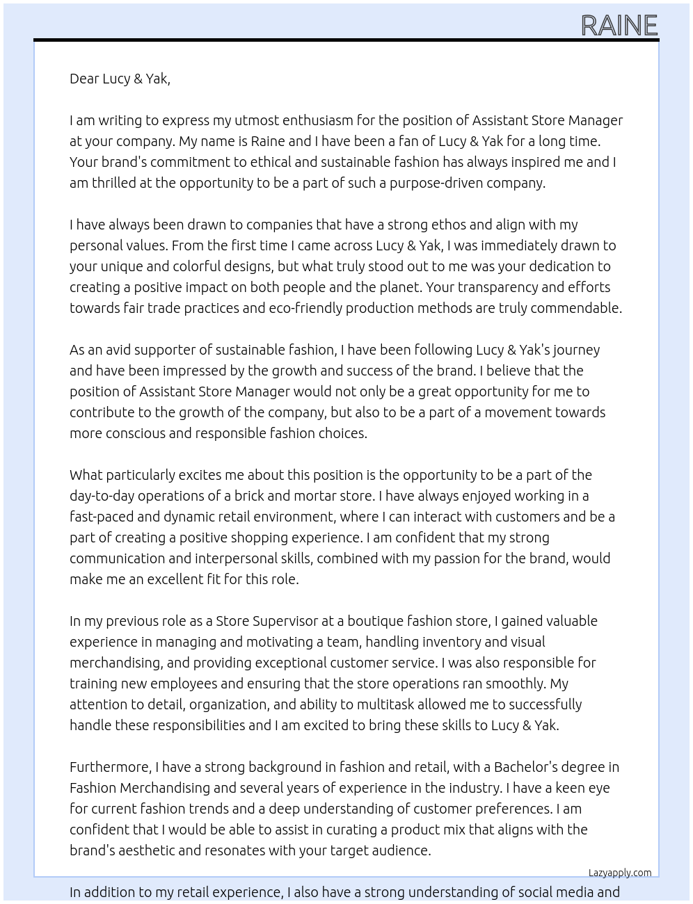 Assistant Store Manager At Lucy & Yak Cover Letter