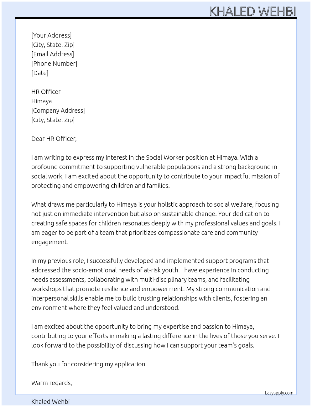Social Worker At Himaya Cover Letter