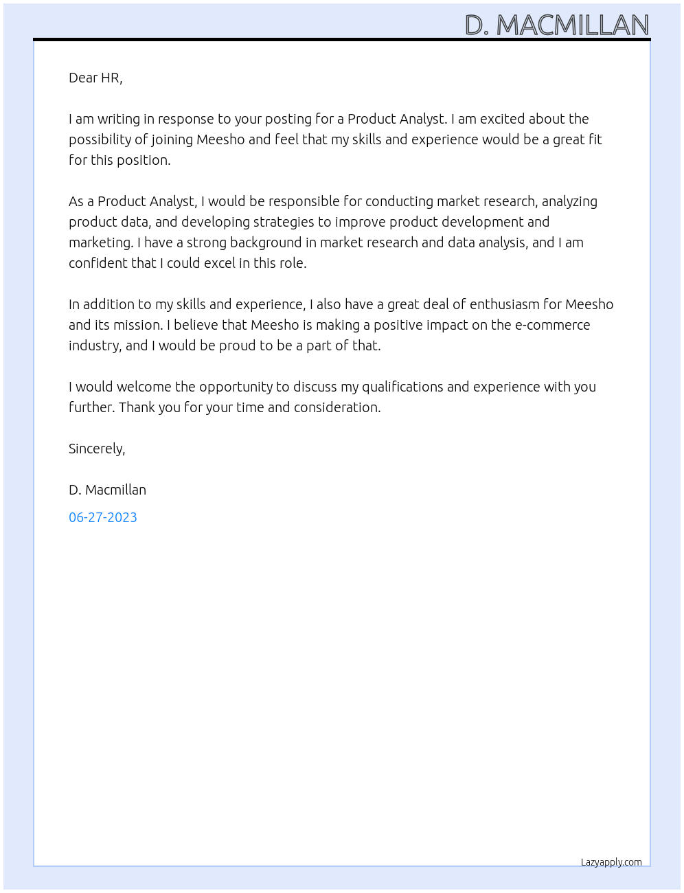 product analyst At meesho Cover Letter