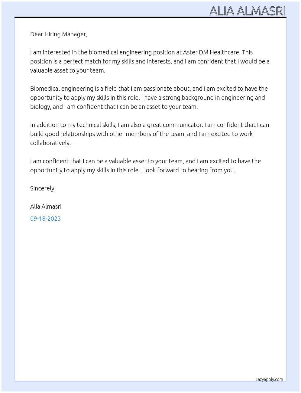 biomedical engineering At Aster DM Healthcare  Cover Letter