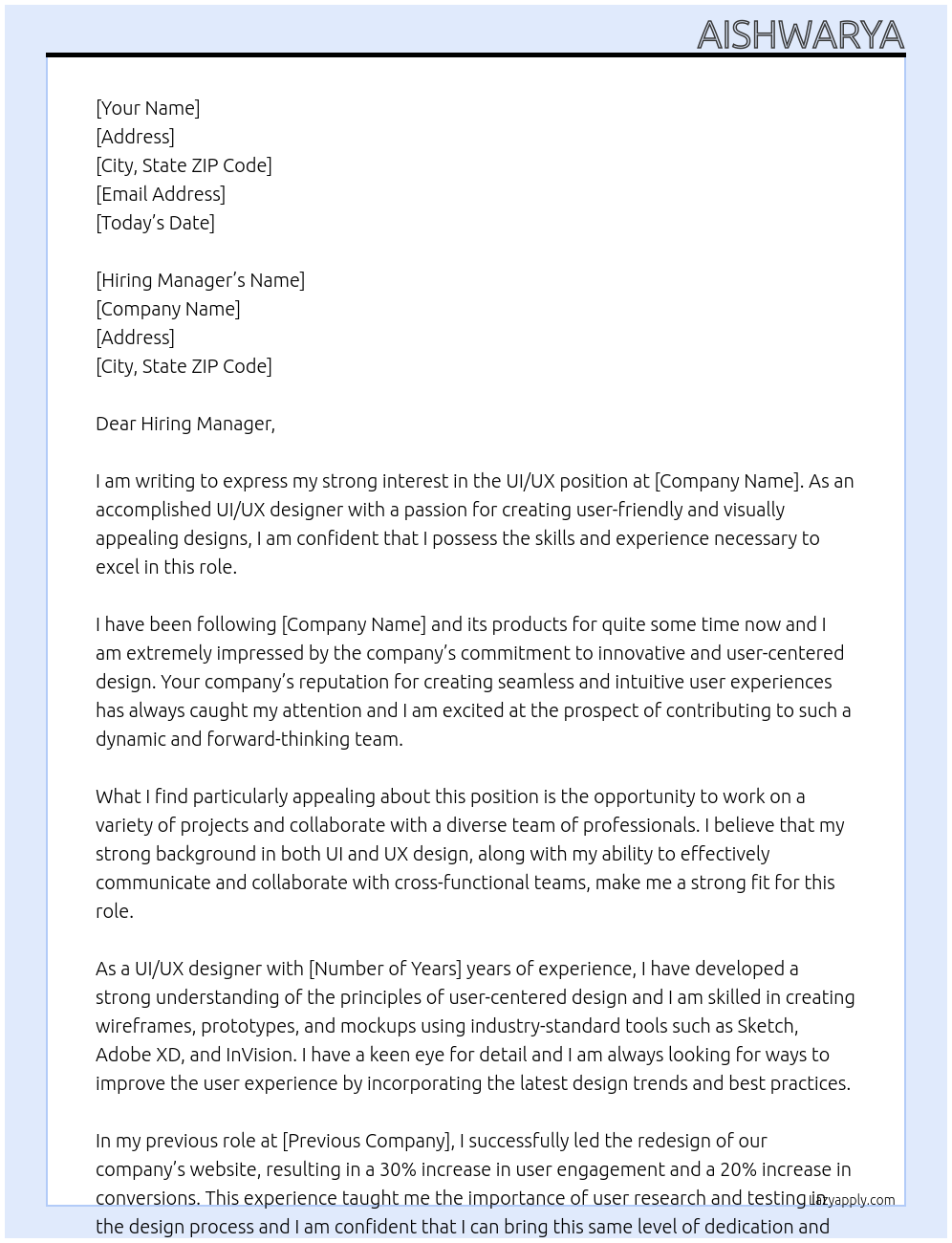 UI/UX At None Cover Letter
