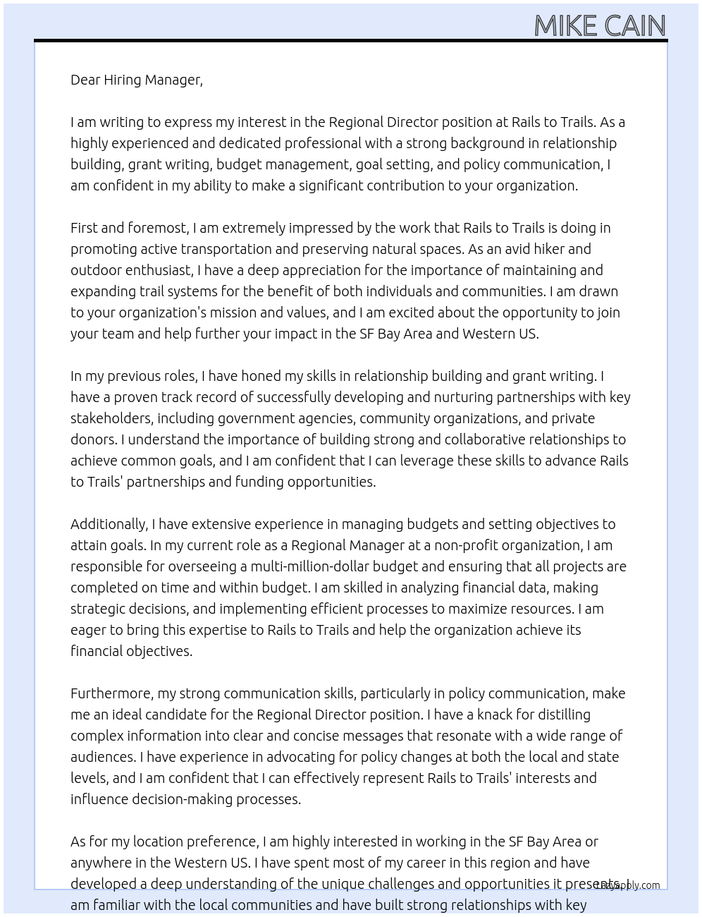 regional director At Rails to Trails Cover Letter