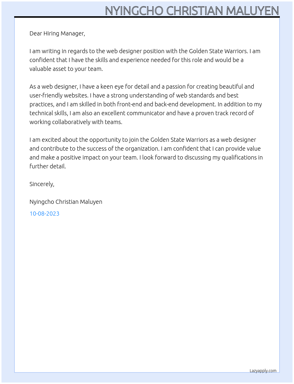 web designer At Golden State Warriors Cover Letter