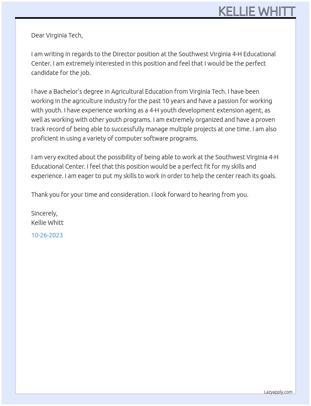 Director At The Southwest Virginia 4-H Educational Center Cover Letter