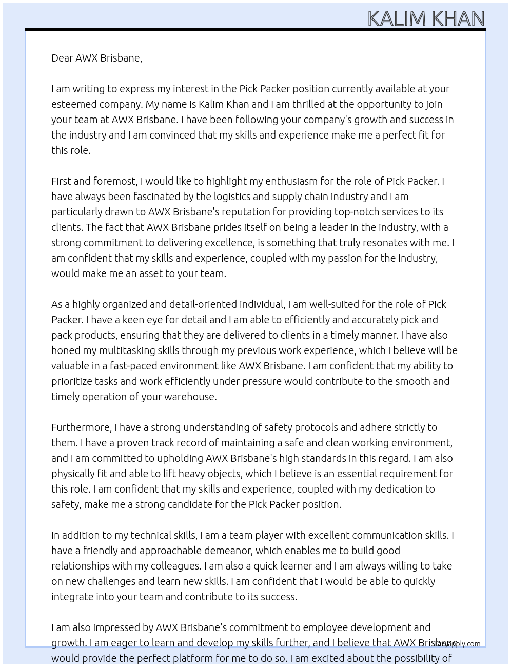 Pick packer At AWX Brisbane  Cover Letter