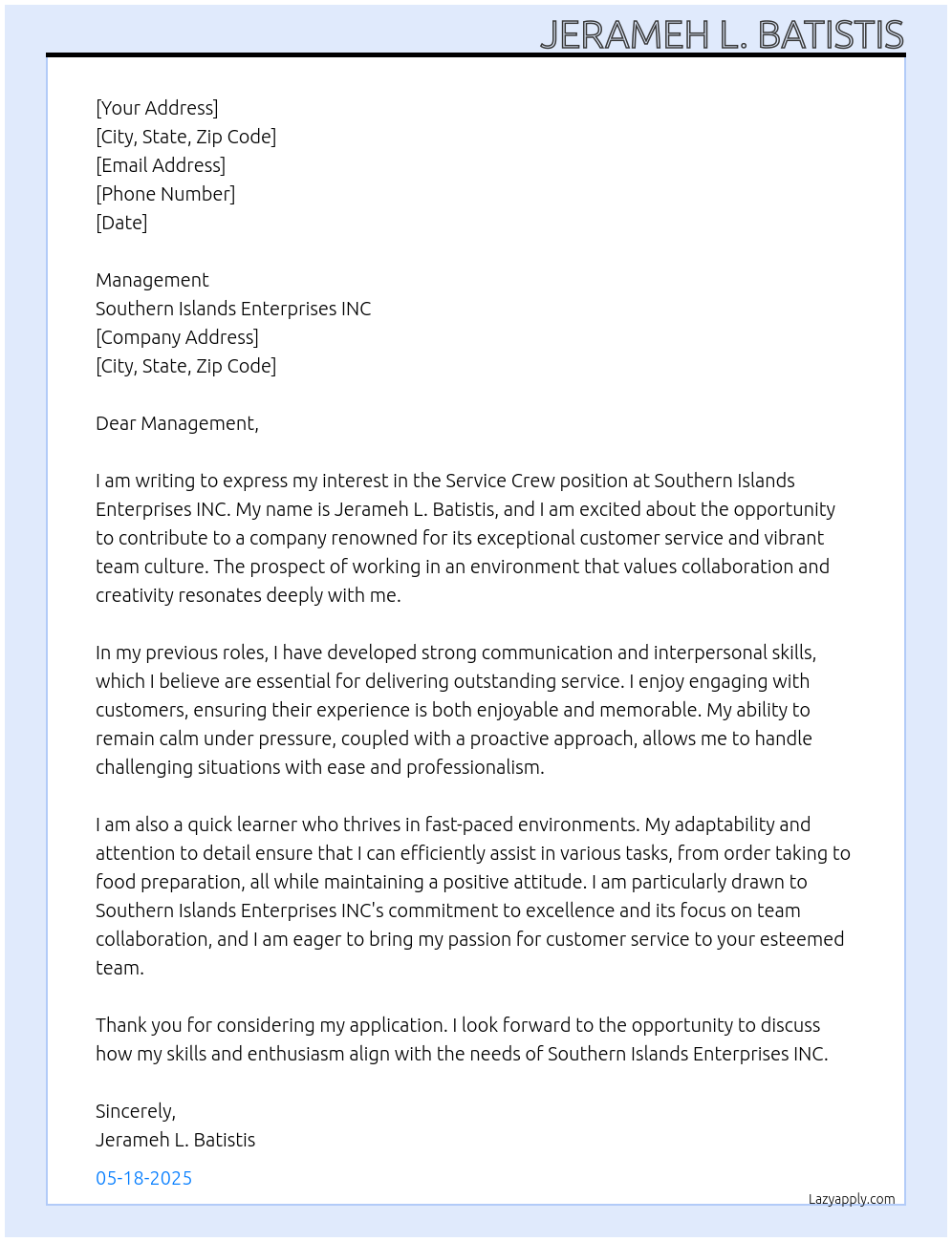 Cover letter for service crew - LazyApply