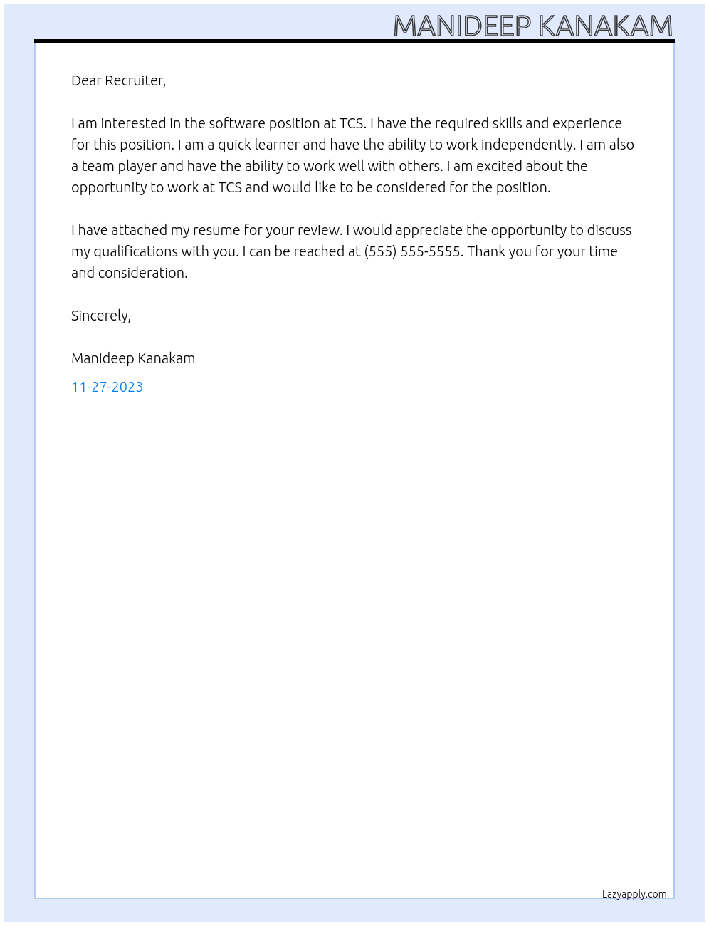 Software At TCS Cover Letter