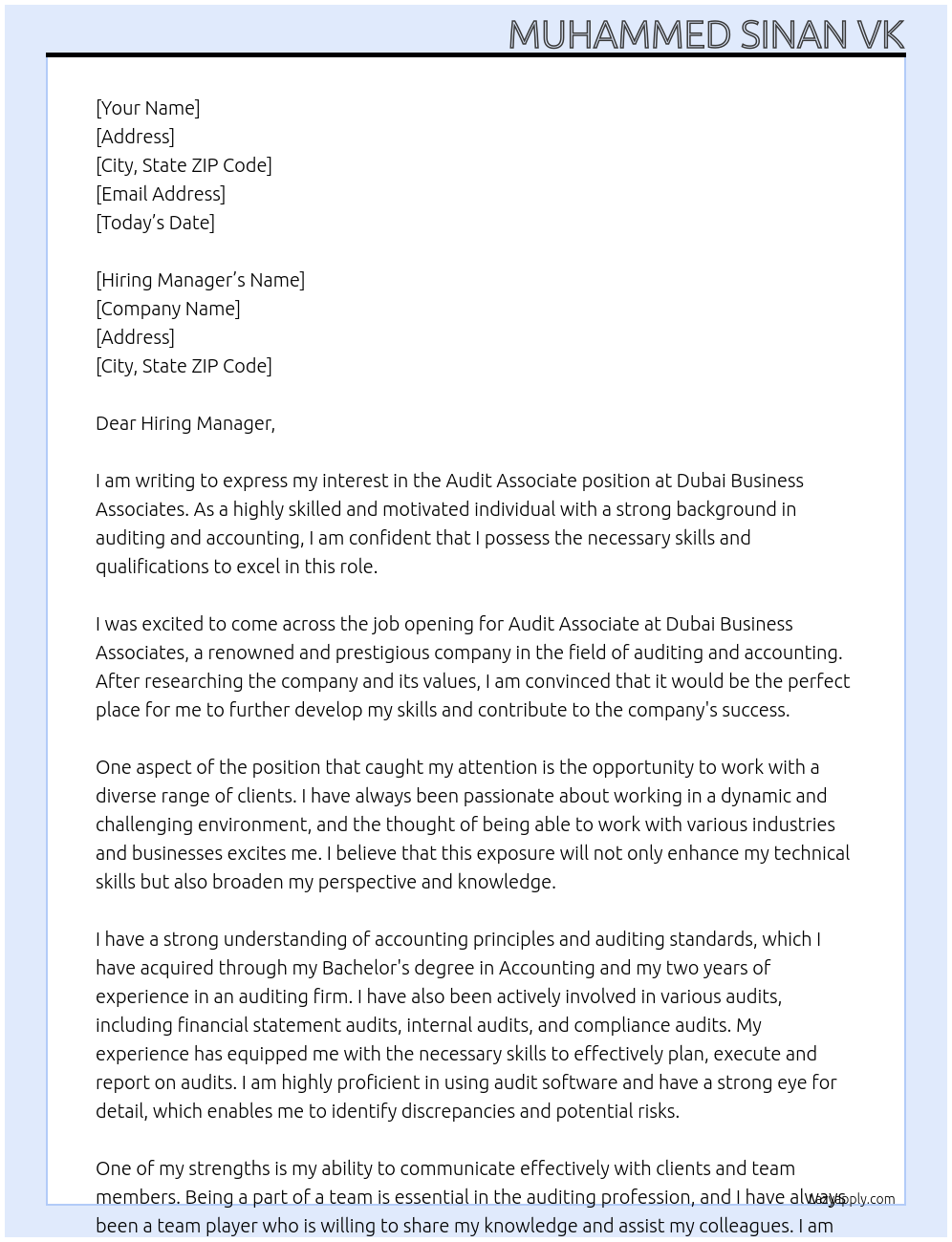 Audit associate At Dubai business associates Cover Letter