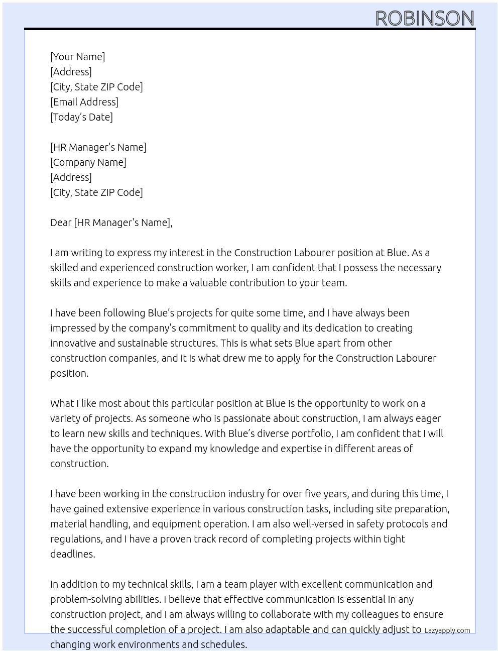 Construction labourer At Blue Cover Letter