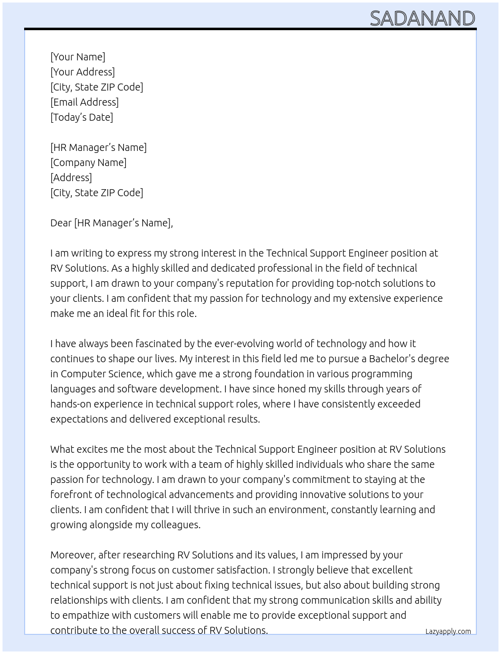 Technical support engineer At Rv solutions Cover Letter