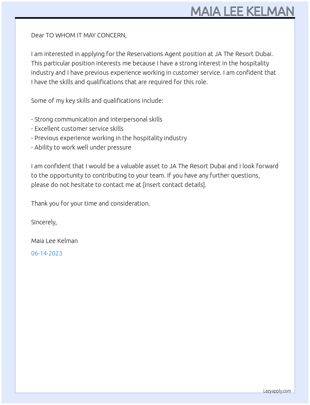rESERVATIONS AGENT At ja THE RESORT DUBAI Cover Letter