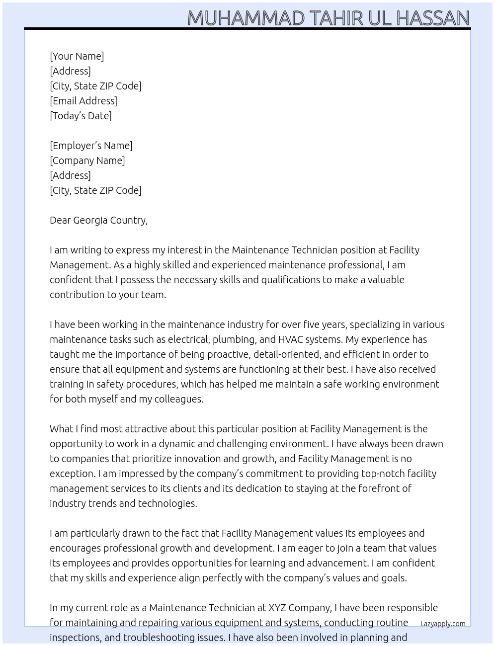 Maintenance technician At Facility management Cover Letter