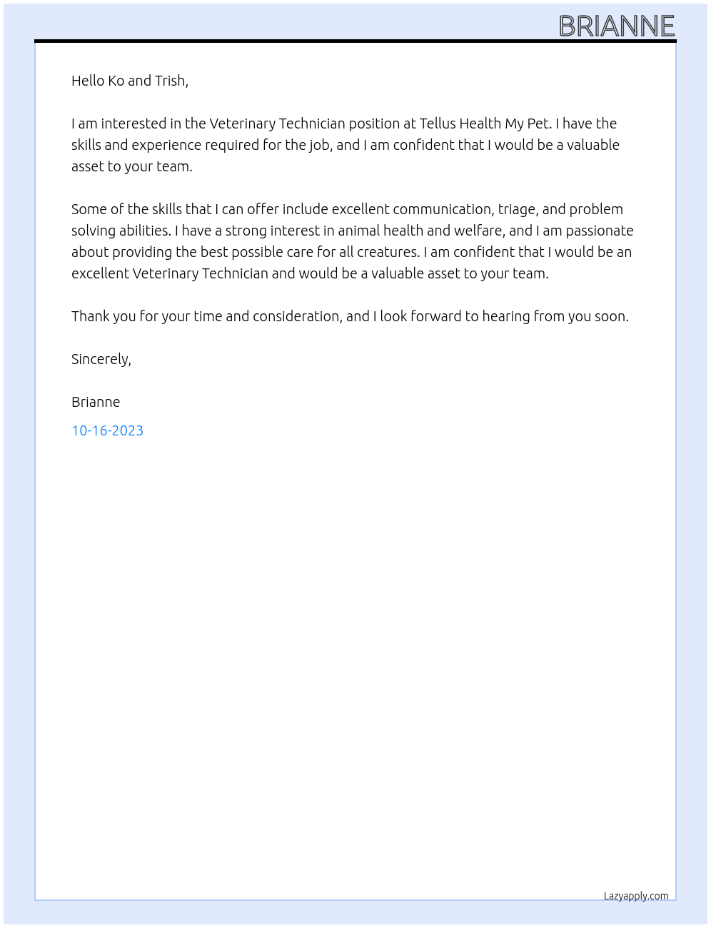 Veterinary Technician At Tellus Haalth My Pet Cover Letter