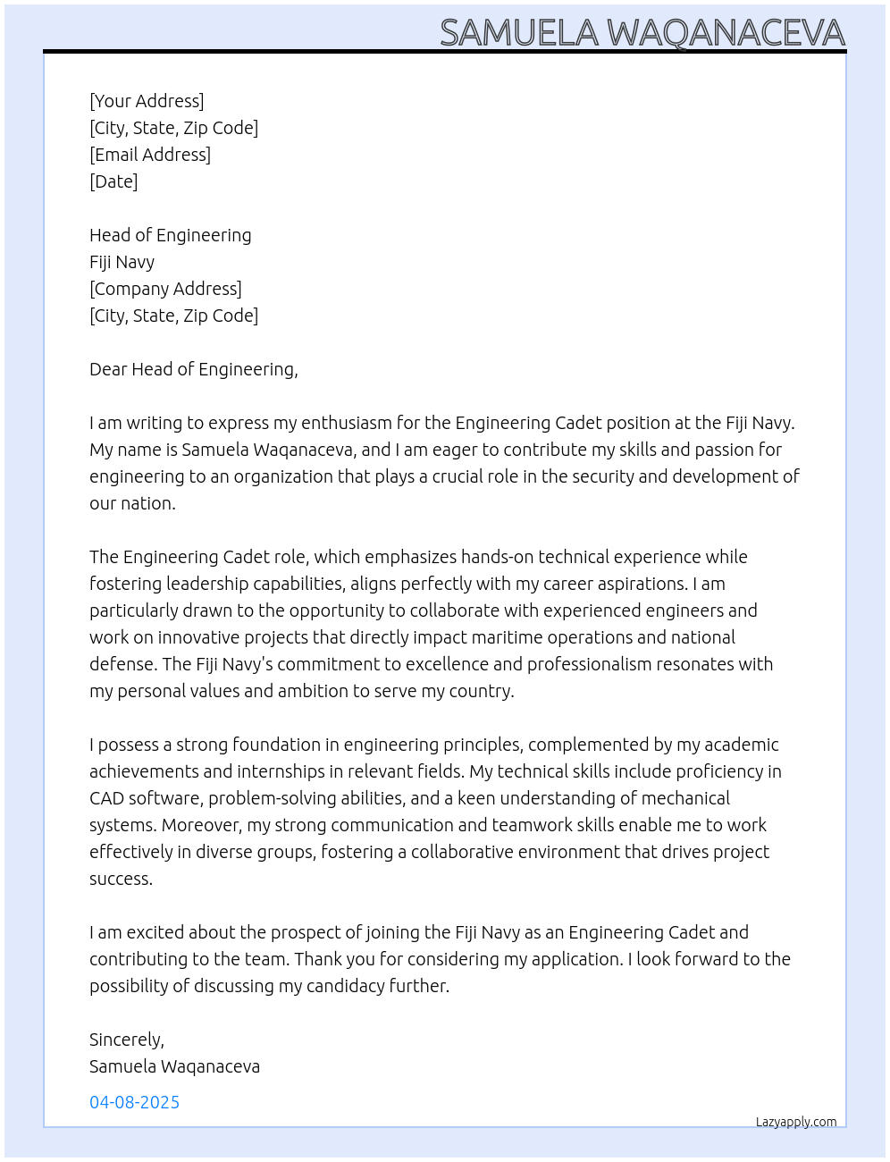 engineering cadet At fiji navy  Cover Letter