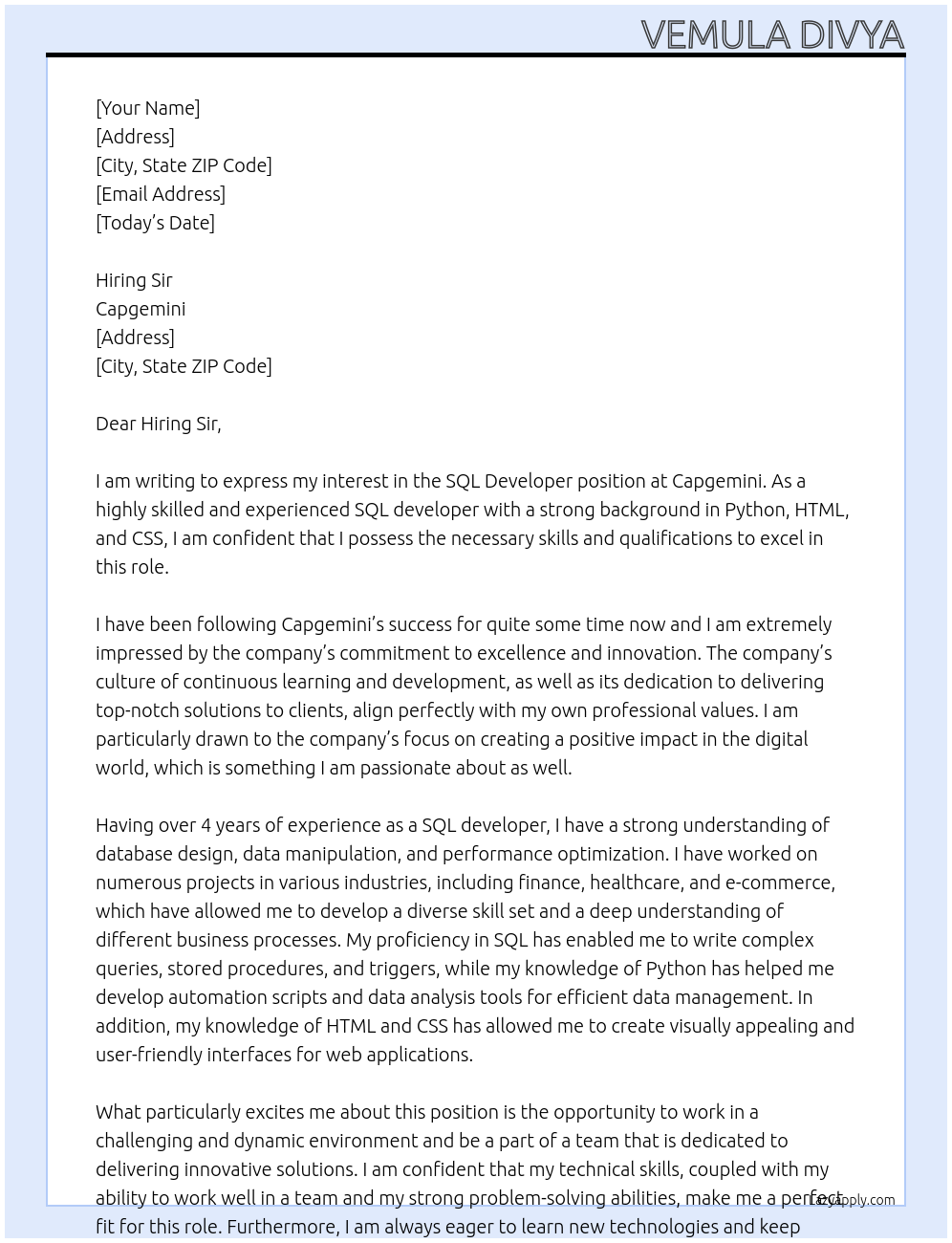 SQL Developer At Capgemini Cover Letter