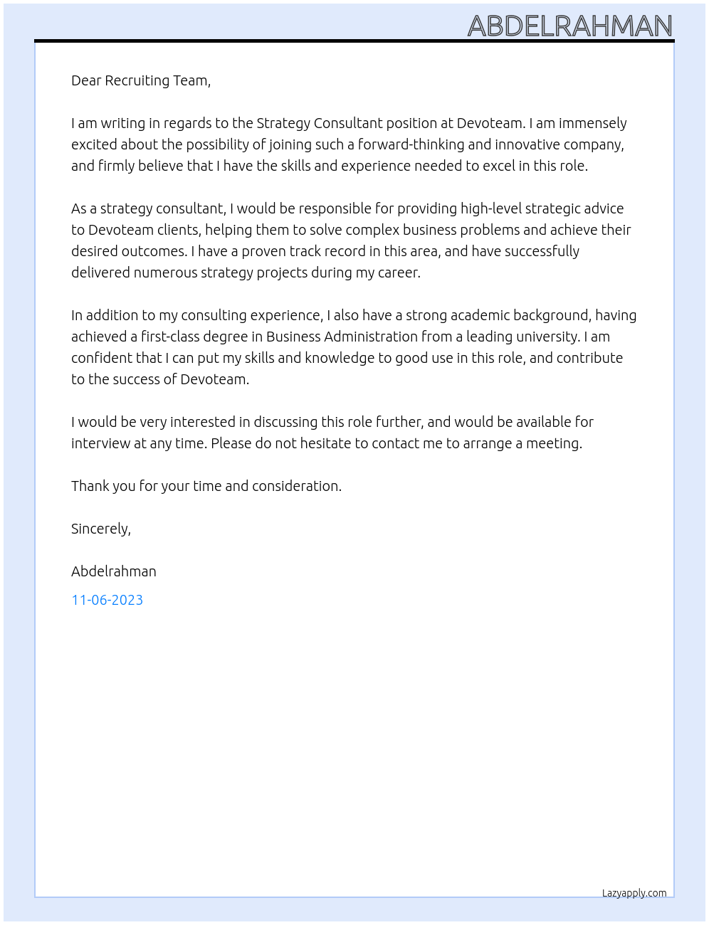 Strategy Consultant At Devoteam Cover Letter