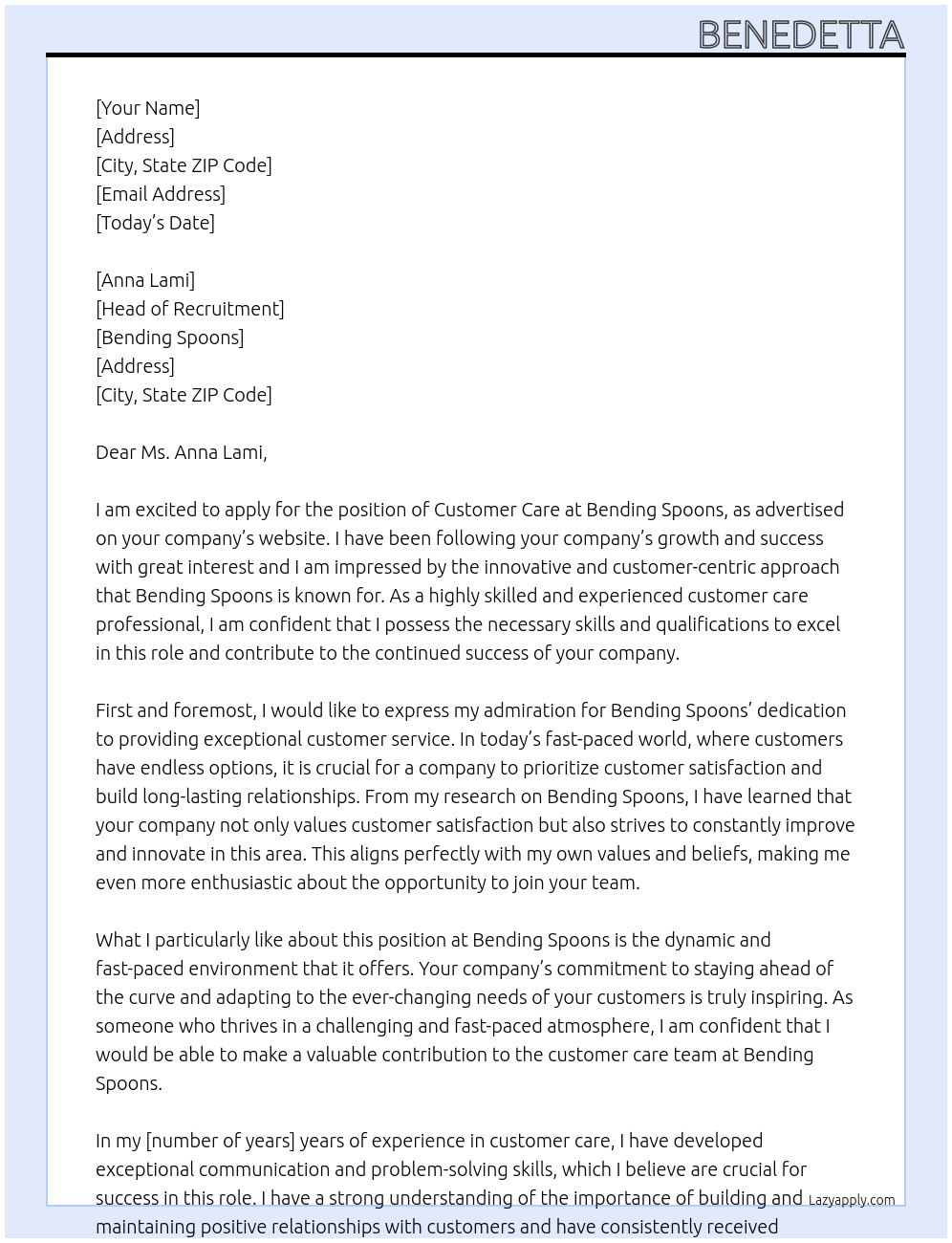 Customer Care  At Bending Spoons Cover Letter