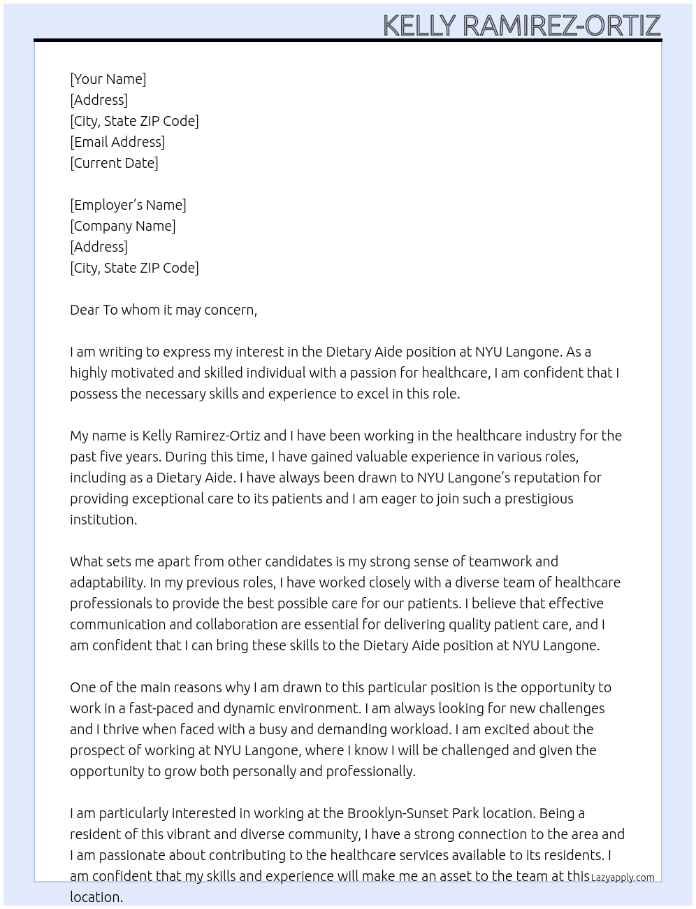Dietary Aide  At NYU Langone Cover Letter