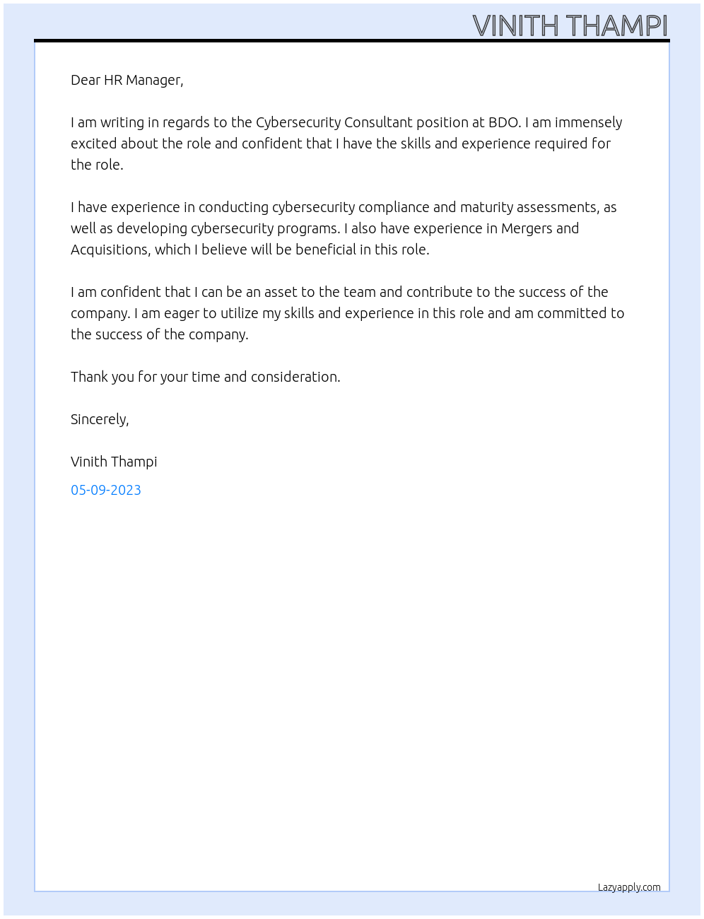 Cybersecurity Consultant At BDO Cover Letter