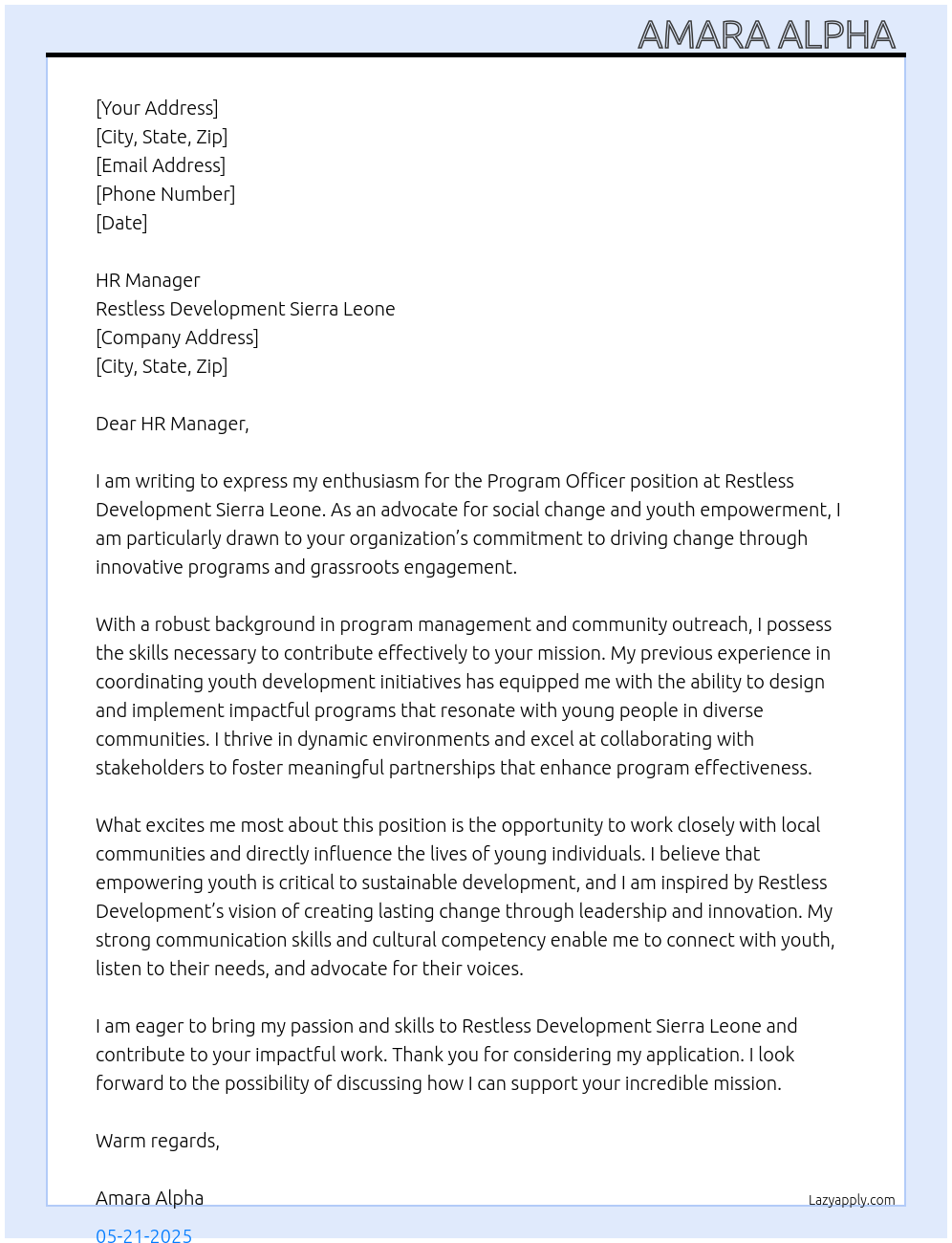 Program Officer At Restless Development Sierra Leone Cover Letter