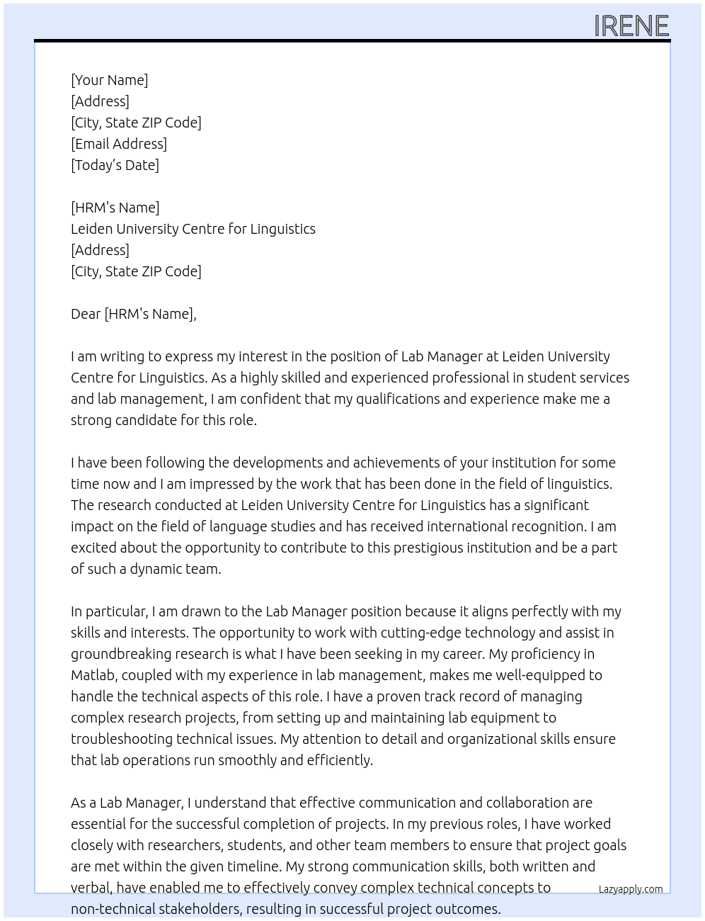 Lab manager At Leiden University Centre for Linguistics  Cover Letter