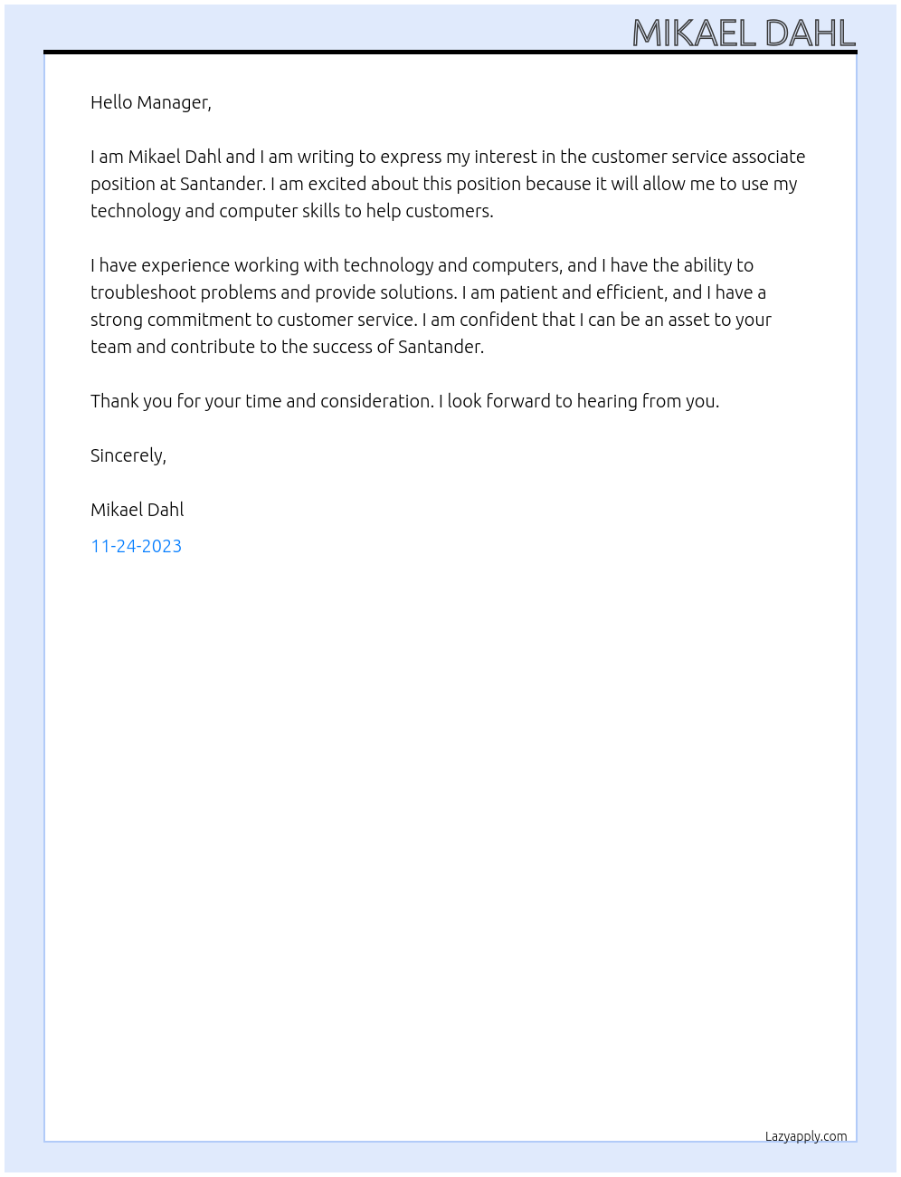 Customer service associate At Santander Cover Letter