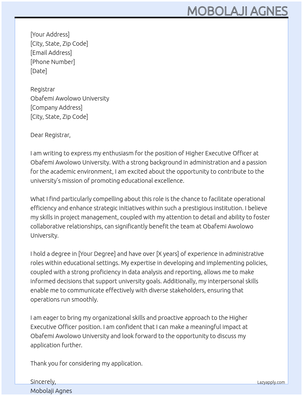 Higher executive officer At Obafemi awolowo university Cover Letter