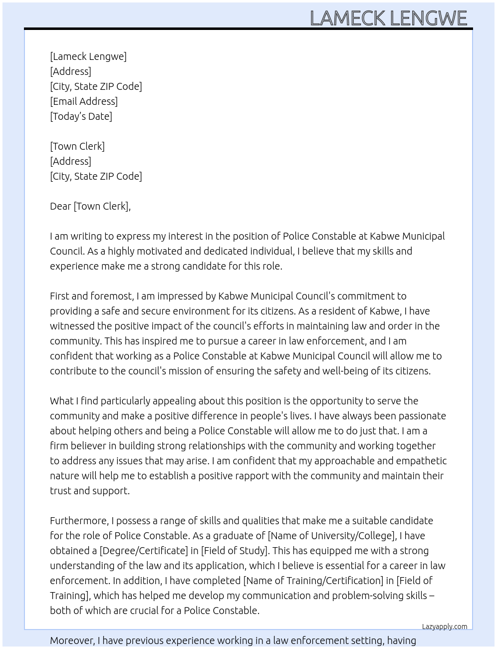 Police constable At Kabwe municipal council Cover Letter