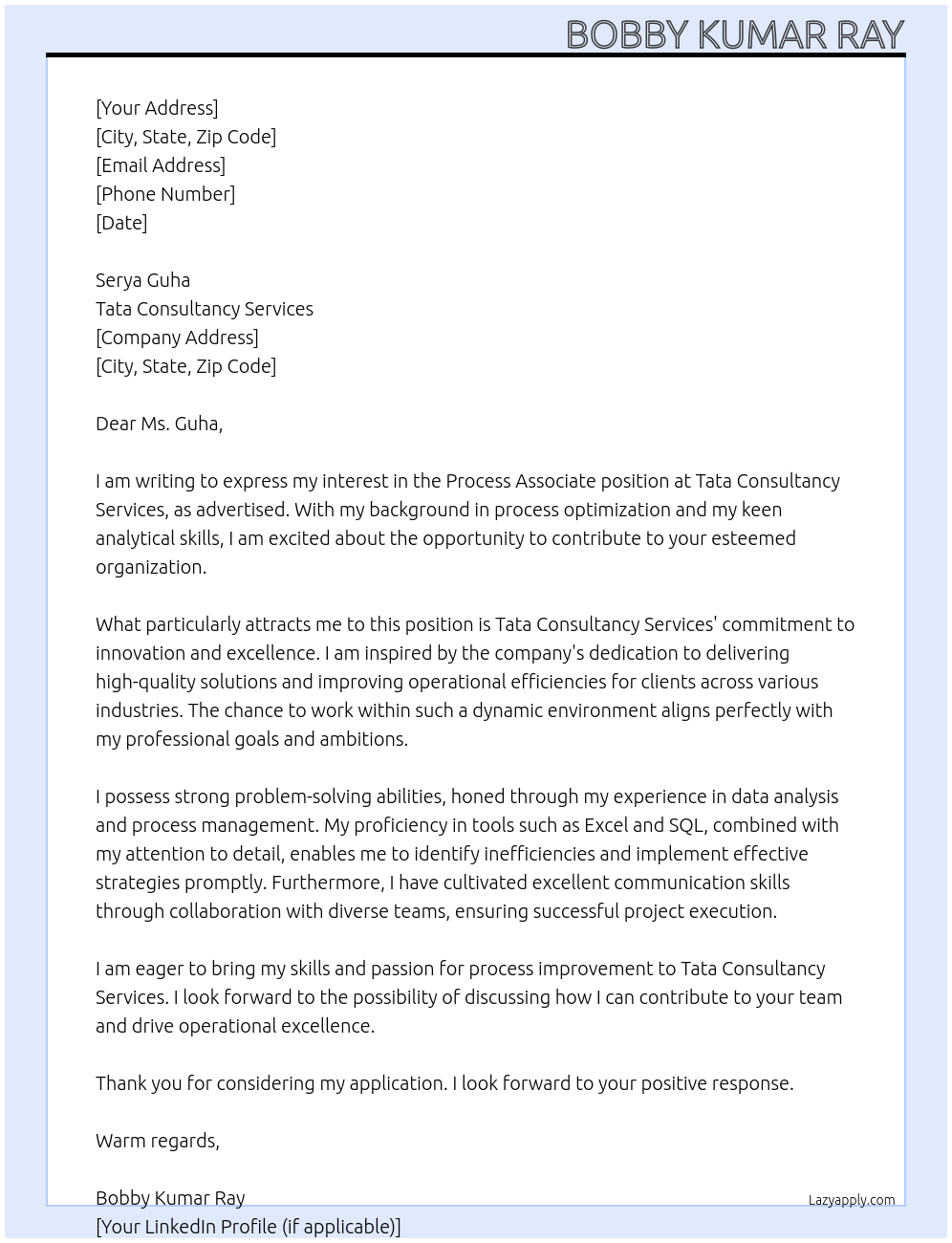 Cover letter for process associate - LazyApply
