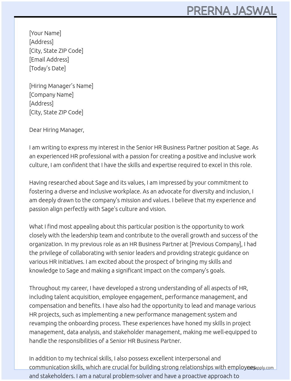 Senior HR Business Partner At Sage Cover Letter
