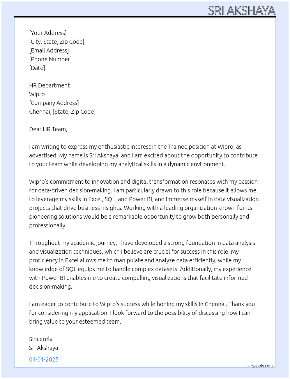 Trainee At Wipro Cover Letter