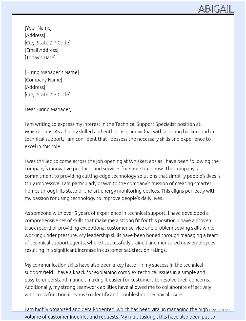 Technical Support Specialist At WhiskerLabs Cover Letter