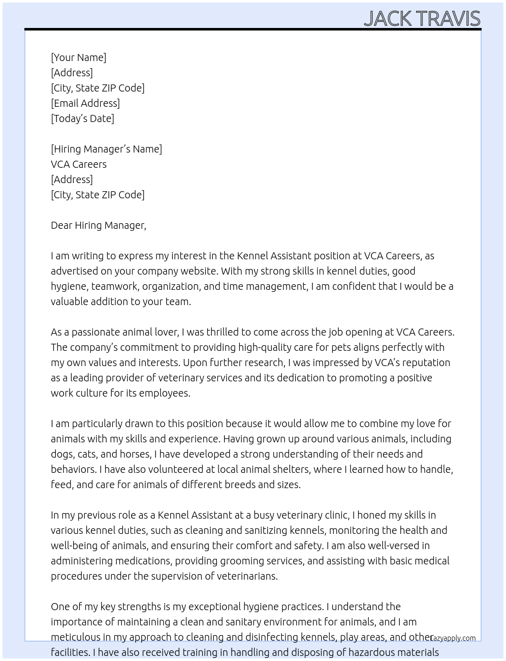 Kennel Assistant At VCA careers Cover Letter