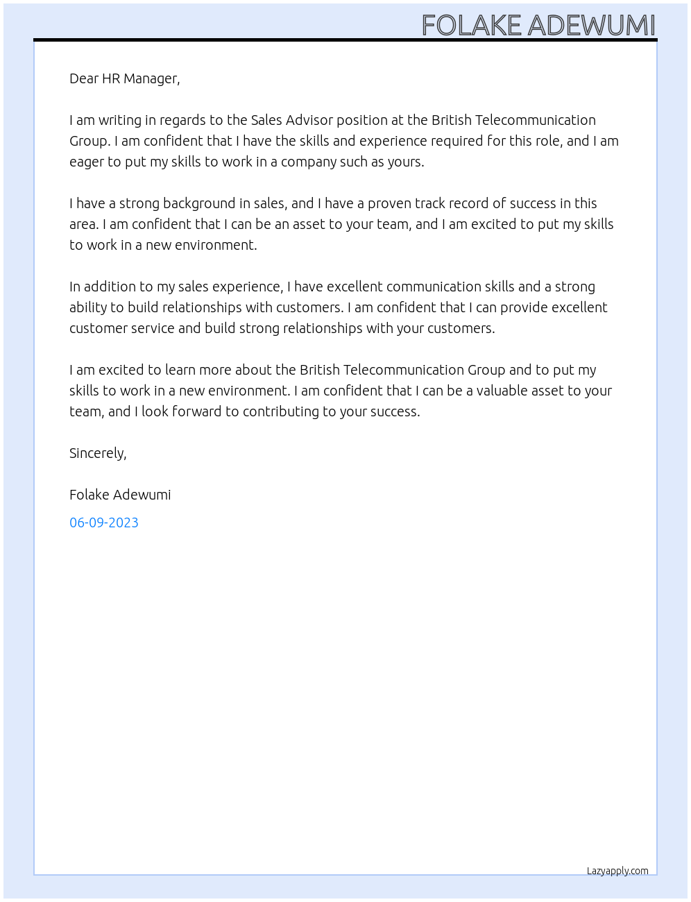 sales Advisor At British Telecommunication Group Cover Letter