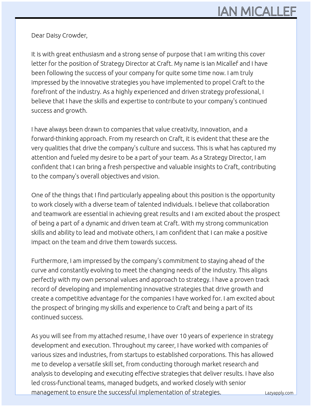 Strategy Director At Craft Cover Letter
