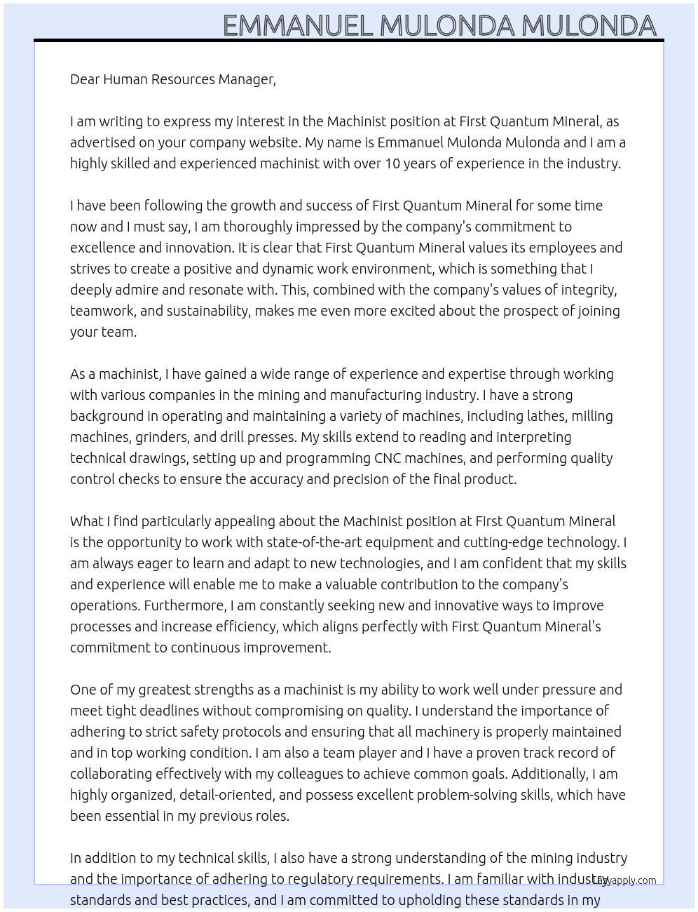 Machinist  At First quantum Mineral  Cover Letter