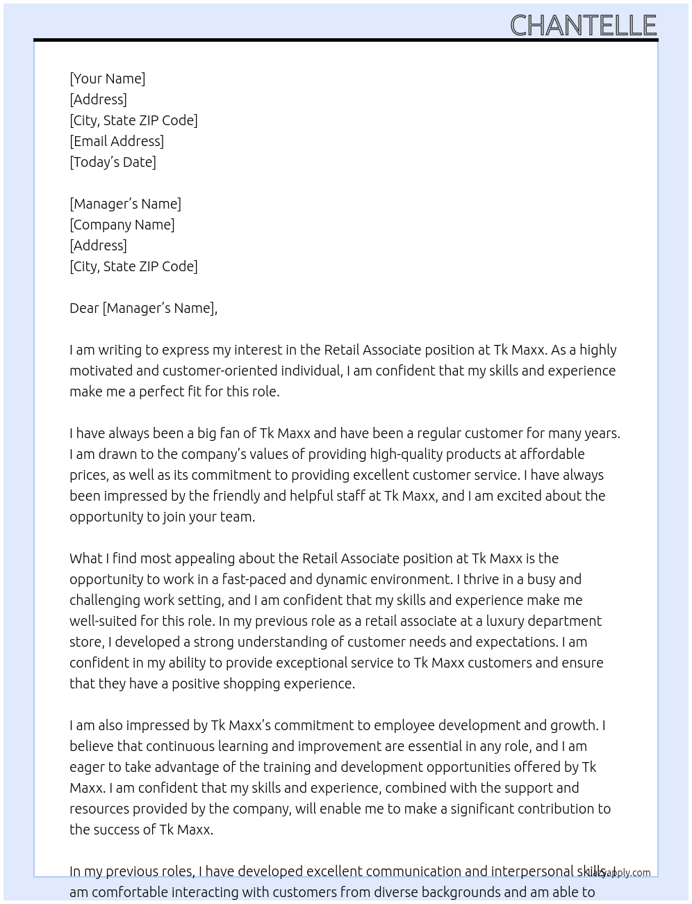 Retail associate At Tk Maxx Cover Letter