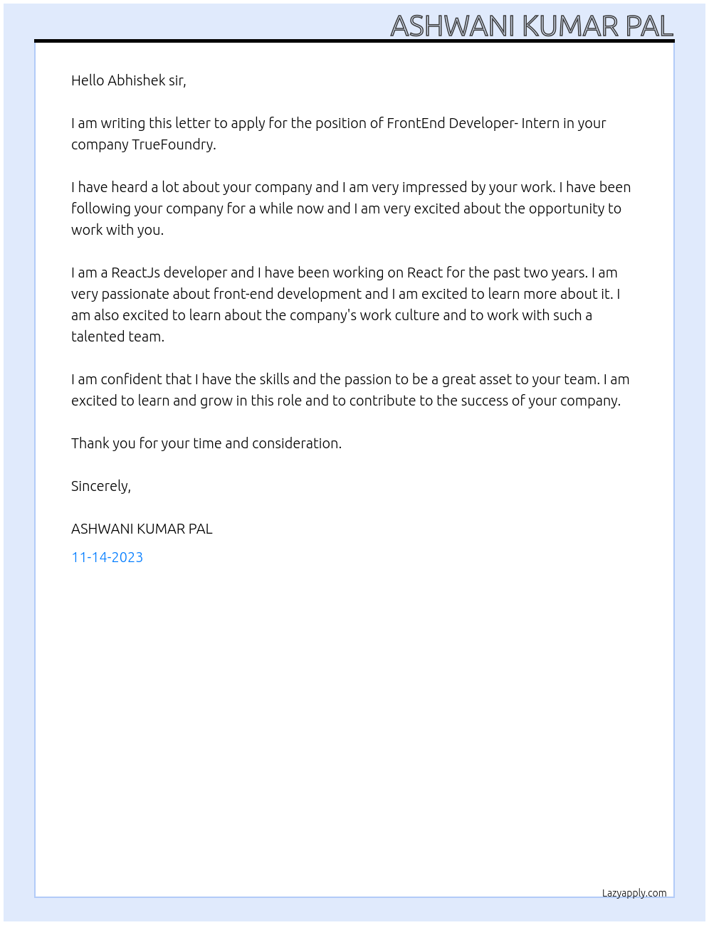 FrontEnd Developer- Intern At TrueFoundry Cover Letter