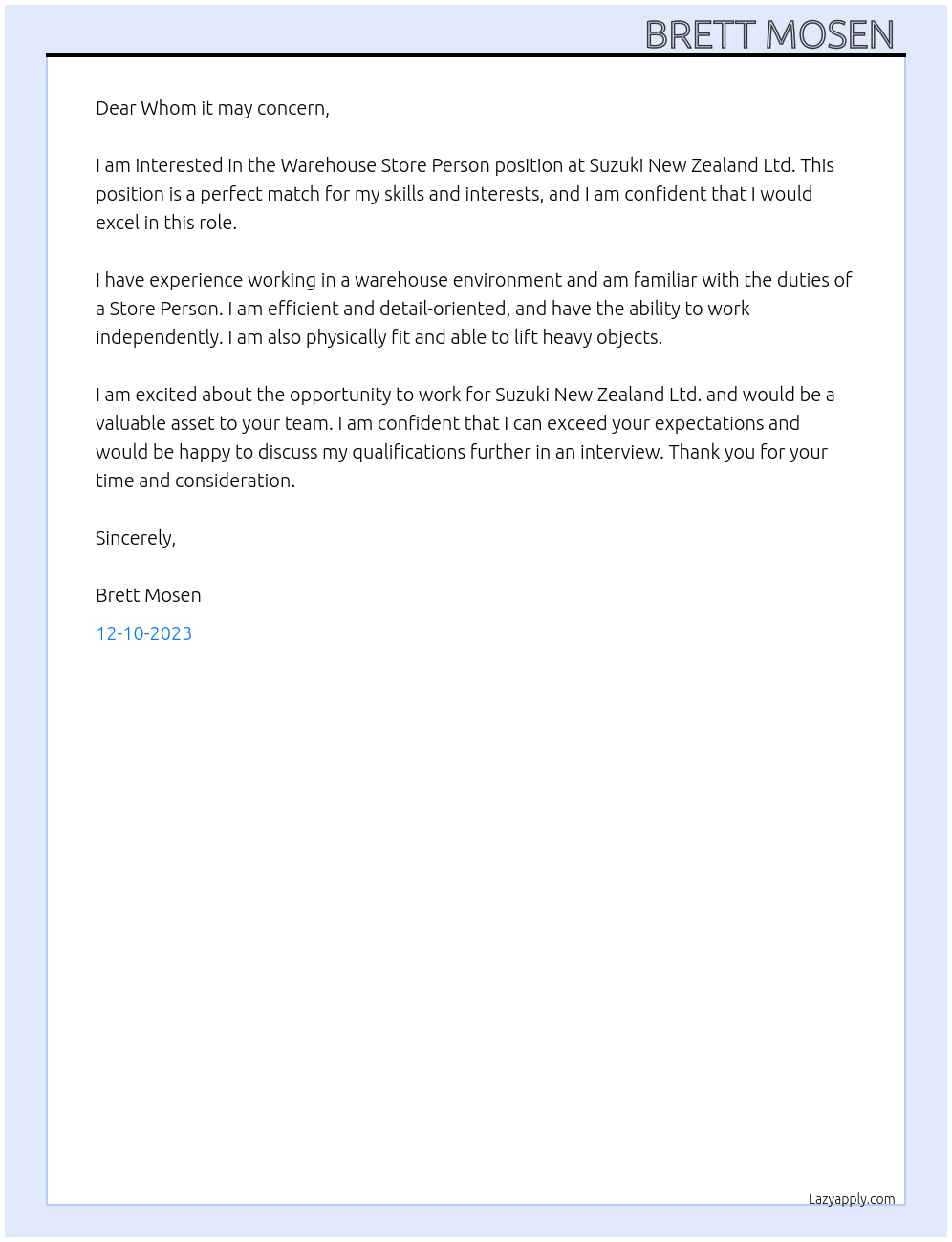 Warehouse Store Person  At Suzuki New Zealand Ltd Cover Letter