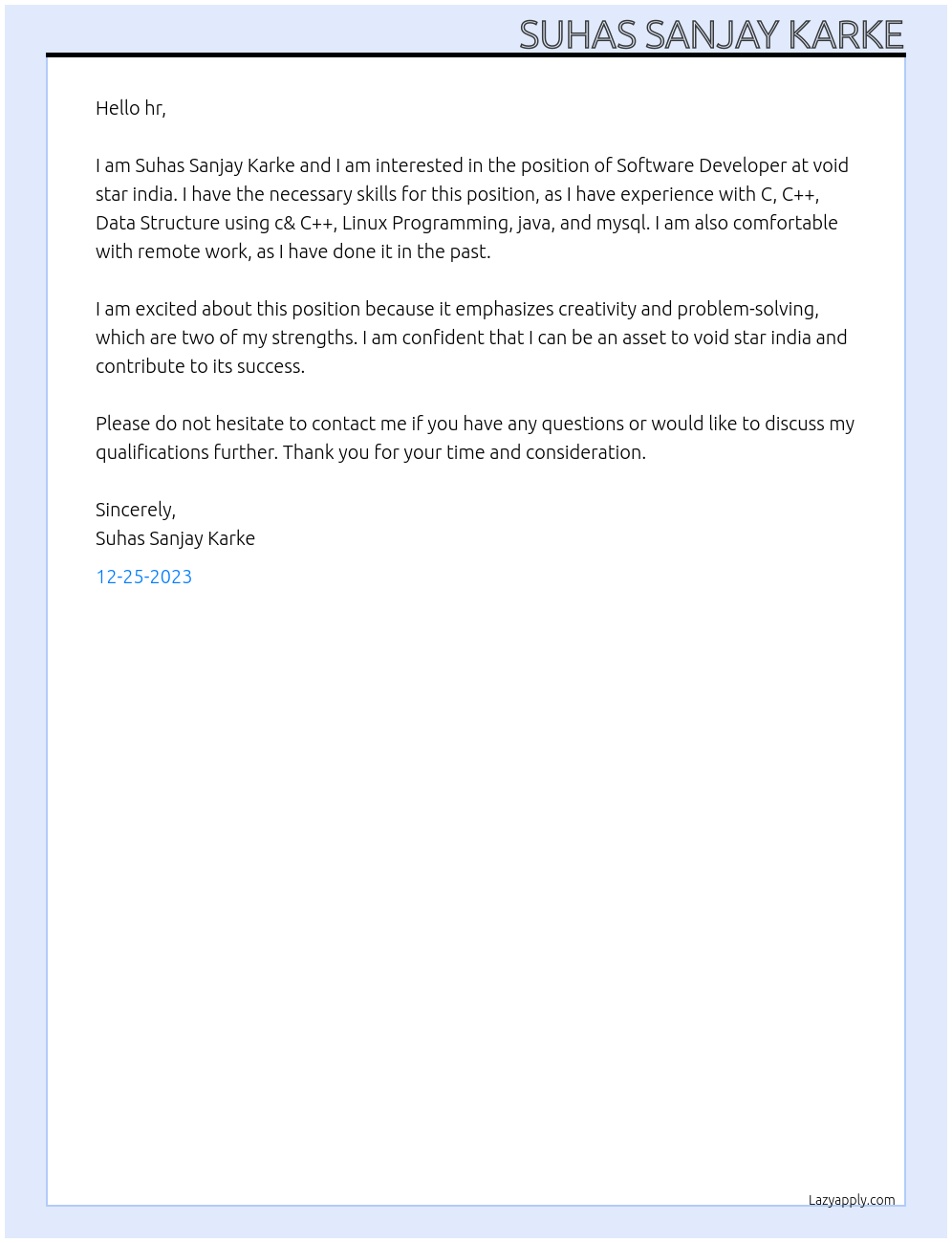 Software Devloper At void star india Cover Letter
