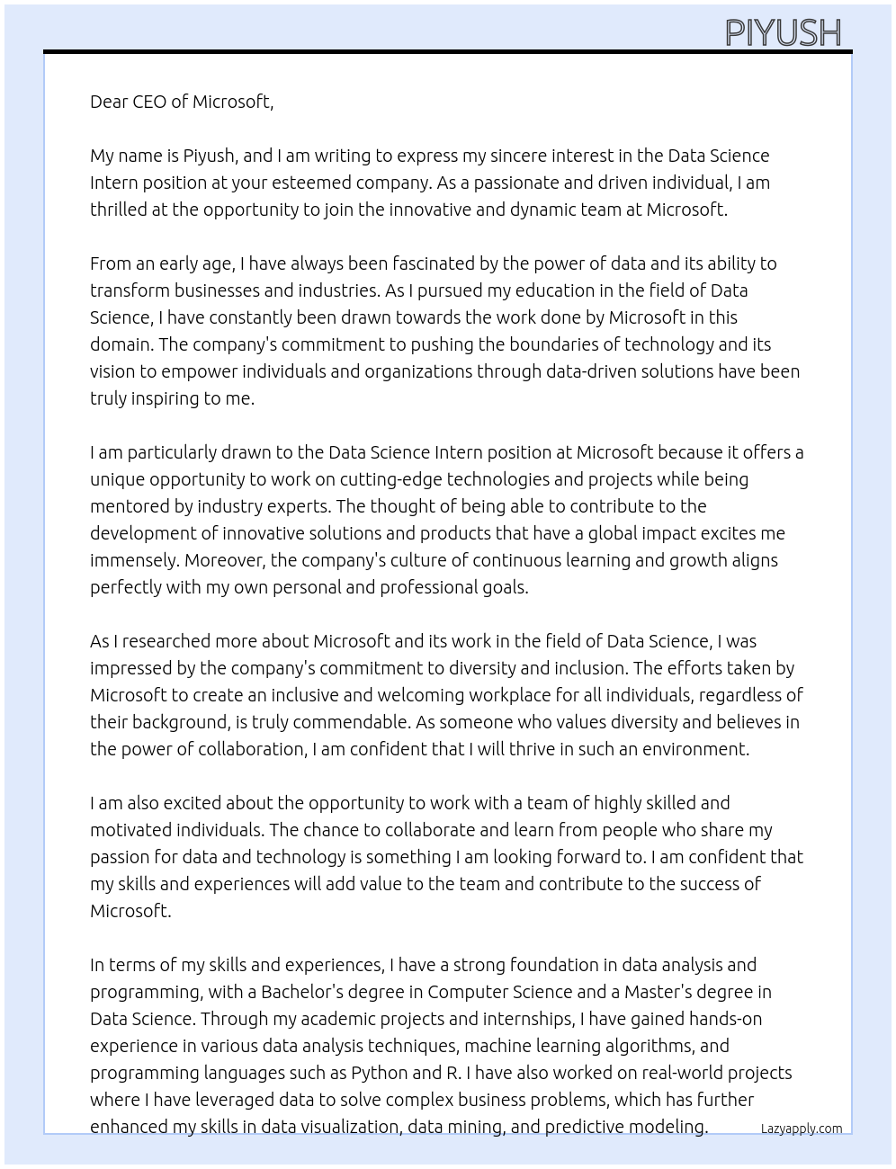 data science intern At micrsoft Cover Letter