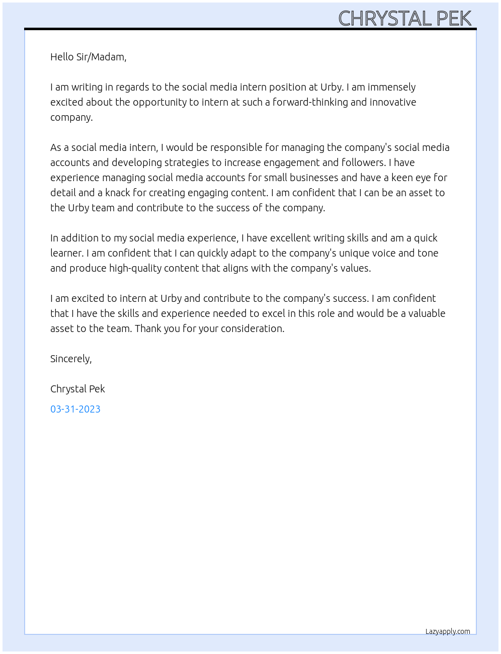 Social Media Intern At Urby Cover Letter