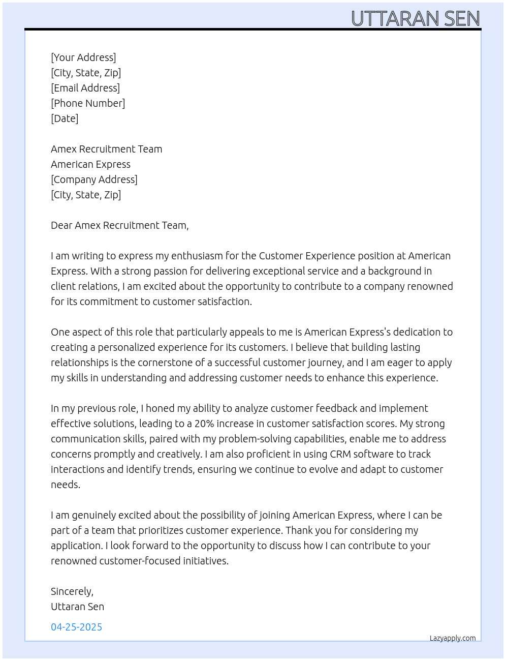 Cover letter for customer experience - LazyApply