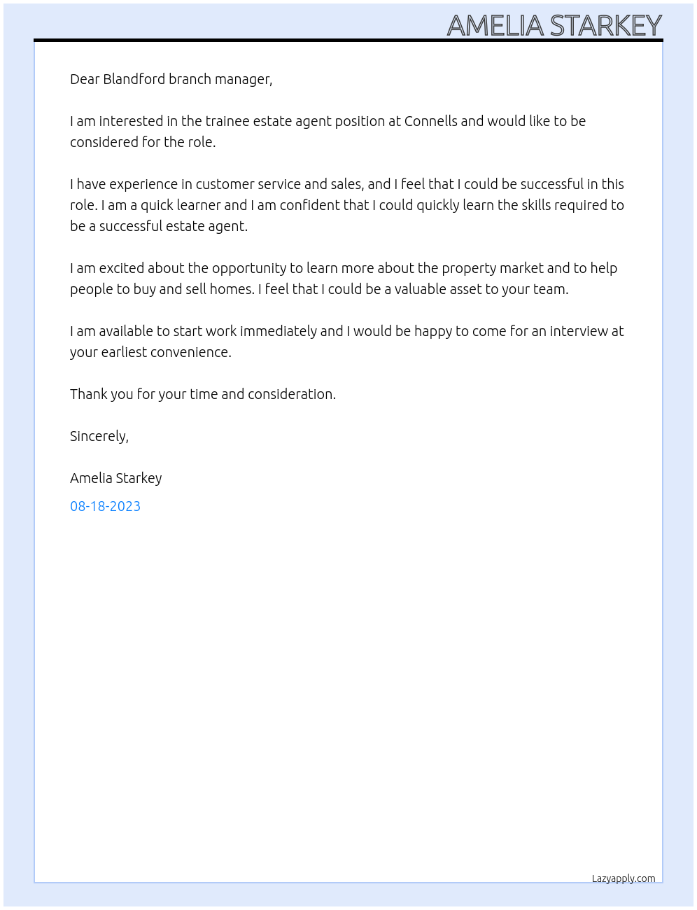 Trainee estate agent At Connells Cover Letter