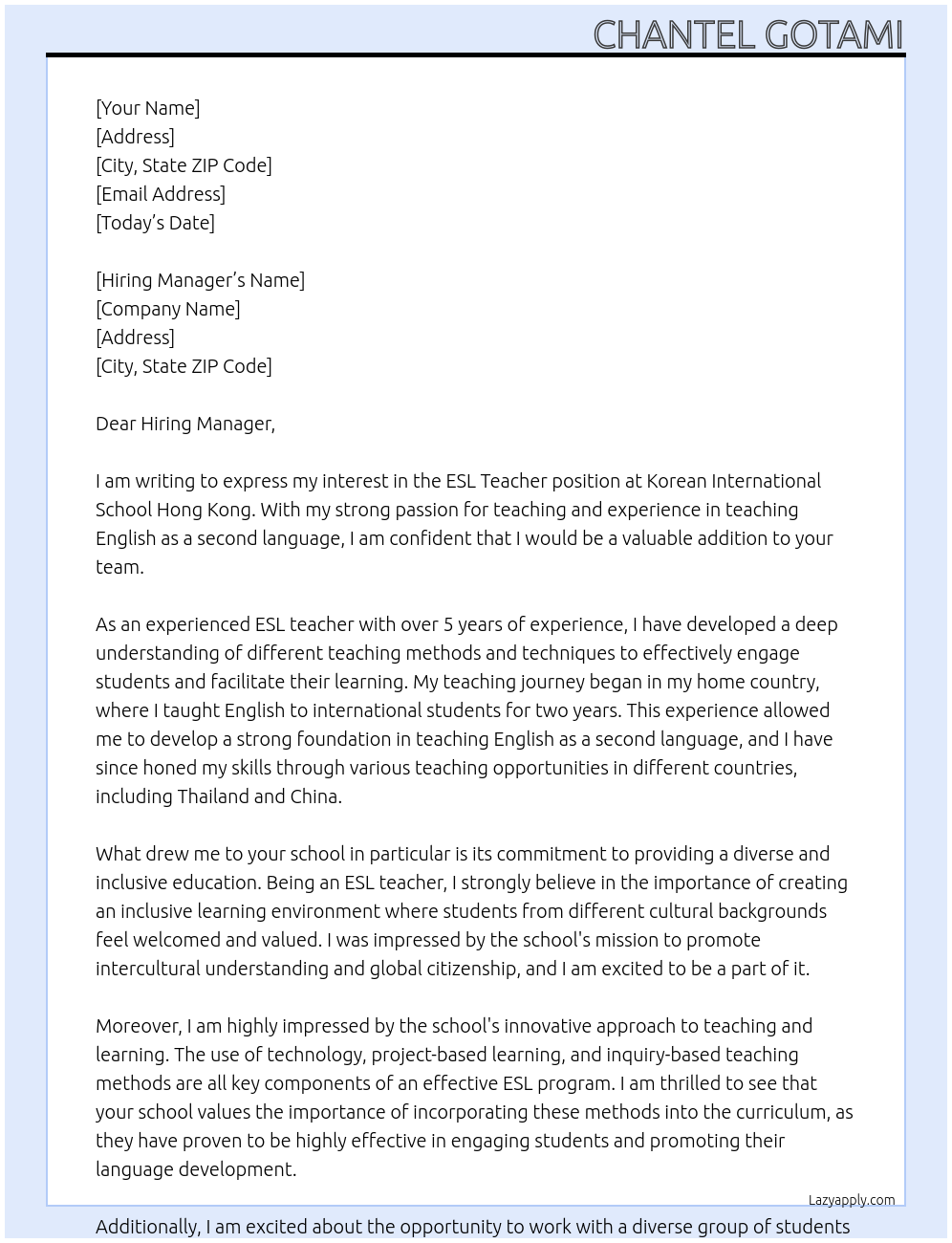 ESL teacher At Korean International School Hong Kong Cover Letter