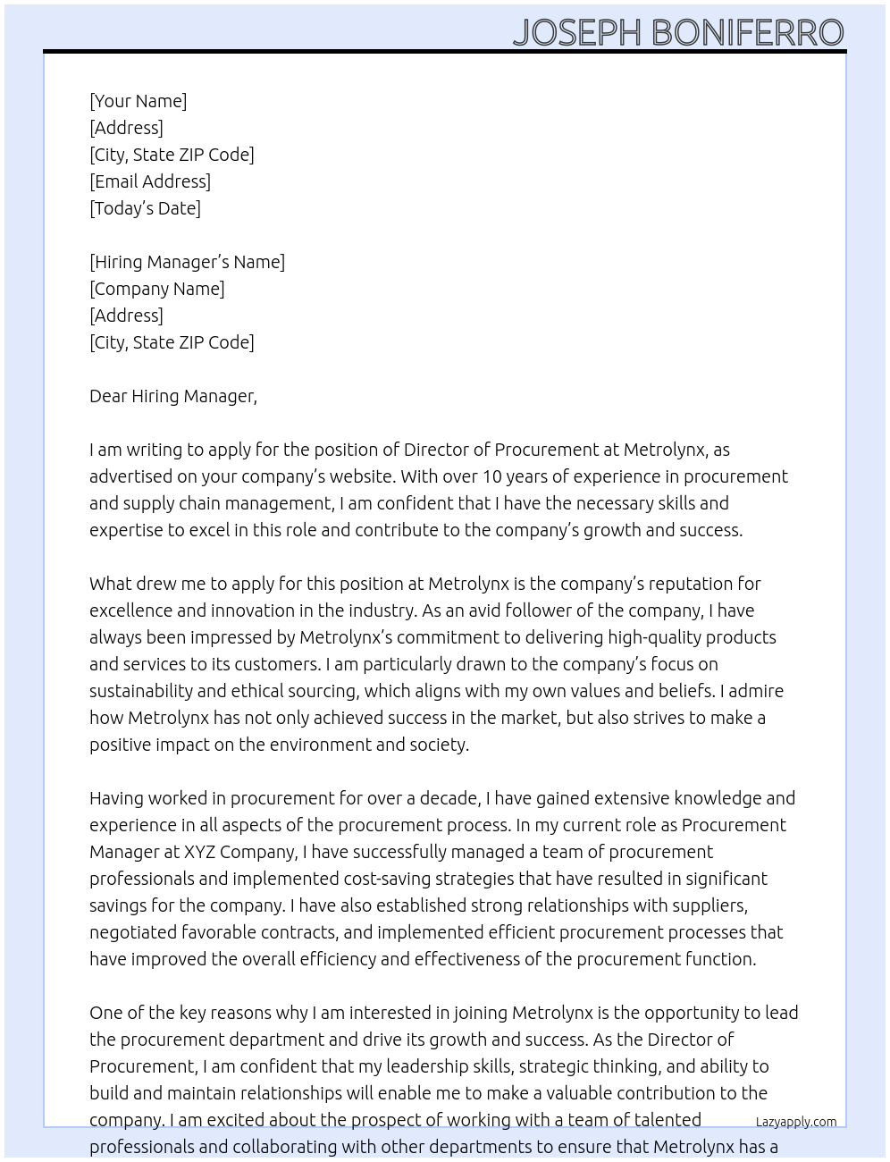 Director, Procurement At Metrolynx Cover Letter