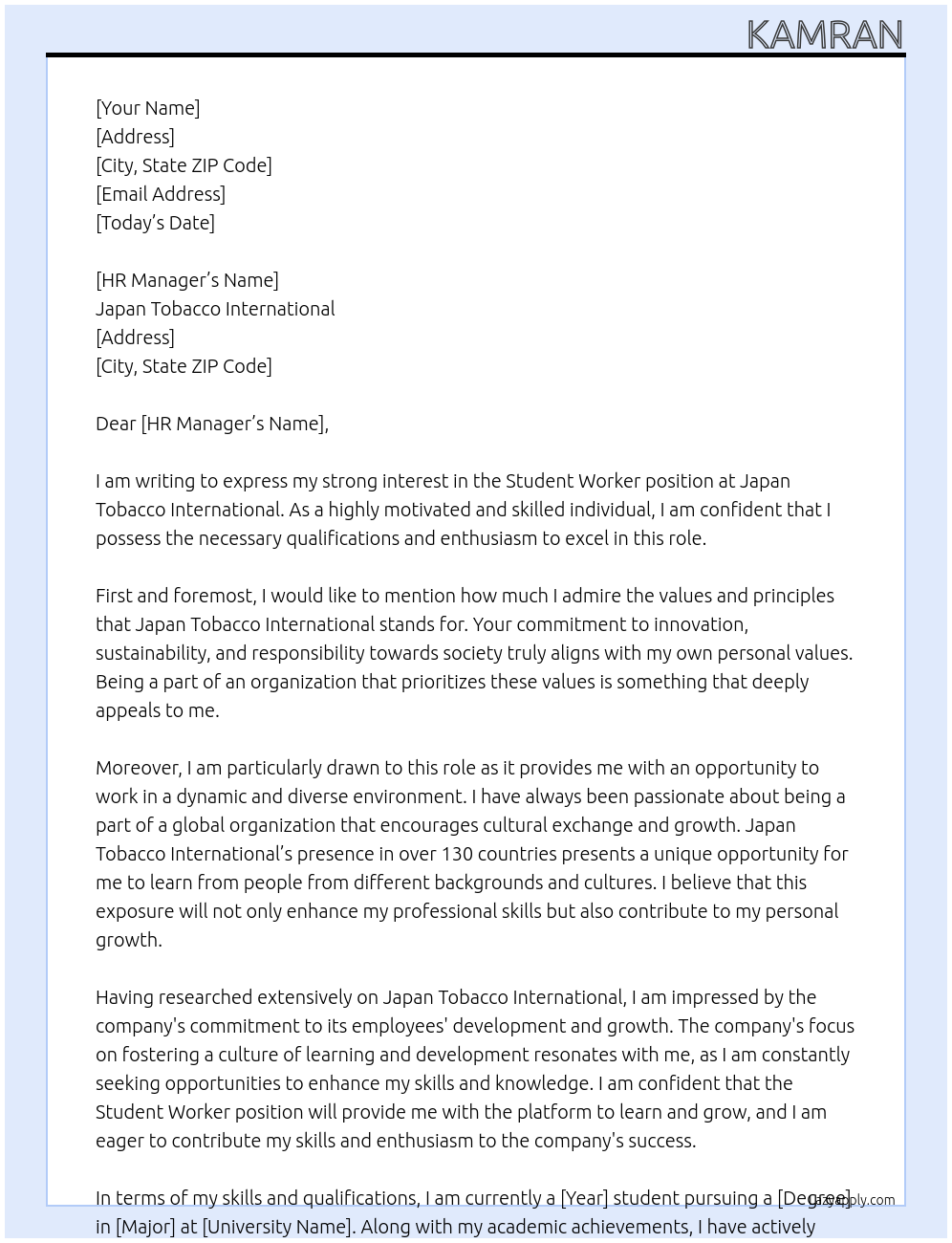 Student worker At Japan tobacco international Cover Letter